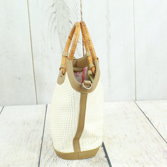 Fossil White Basket Weave Wood Round Handle Leather Trim Satchel Tote Bag Purse - Picture 5 of 10